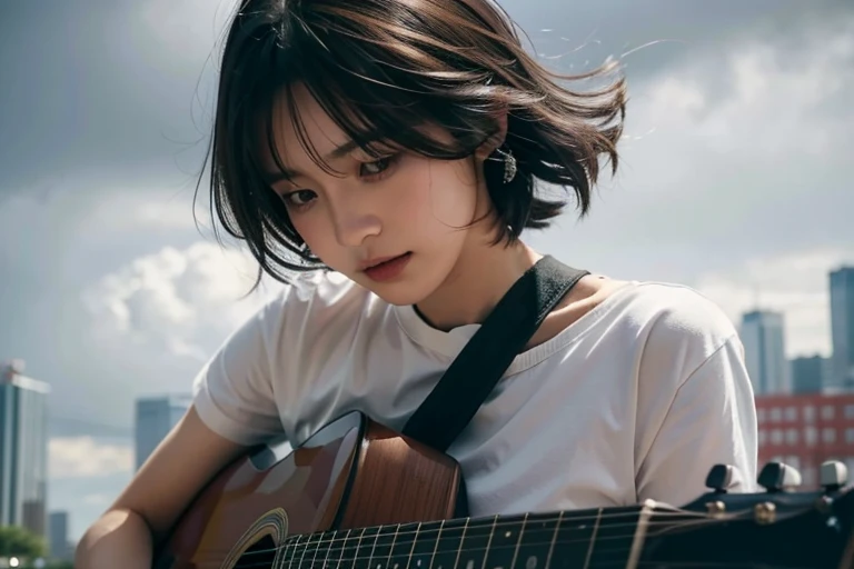 1 Gil, Higuchi Madoka,  short hair ,  hairstyles at their best,  medium bust ,  is present,  ultra detail, 8k, woman playing guitar，City buildings，In the Storm，Wide angle,  the whole body is shown