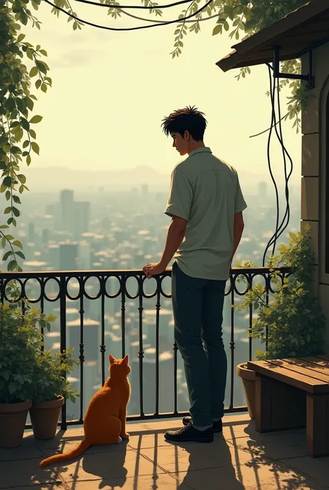 A man leaning on a balcony is turning his back, standing next to an orange cat