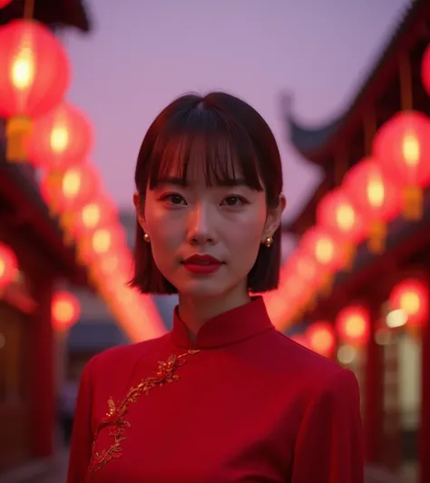 Asian woman 46 years very short bangs crop hairstyle, almond-brown hair, wearing  red cheongsam traditional clothes, red ancient buildings, red lanterns, purple sky, Chinese New year purple atmosphere 