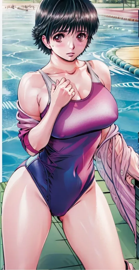 A beautiful woman with boyish, short hair, big breasts and beautiful legs is standing by the pool blushing in a bright pink swimsuit with an arena mark on her right chest。