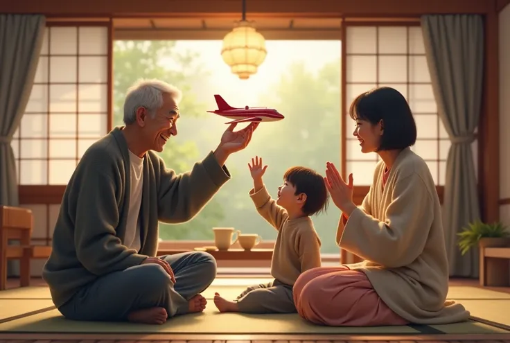 A highly realistic photograph of a Japanese grandfather and grandmother playing with their young grandchild in a cozy and cheerful living room. The grandfather, wearing a cardigan, is sitting cross-legged on the tatami mat, holding up a toy airplane with a...