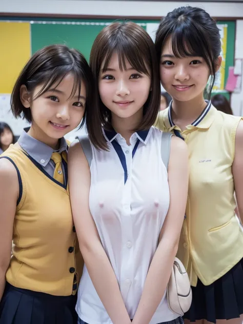 ( high definition)、( High Quality )、( short hair as left eye)、( tight and sleeveless shirt)、( collared shirt)、(shirt with button on the chest )、( miniskirt)、( two Japanese girls )、( bring their faces close to the camera:1.2)、( bring your face close to here...