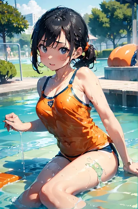 ( wet with slimy liquid:1.4),(Orange swimsuit (( Orange Camisole)),Navy blue piping),( navy blue shorts), black hair,(Water play area in the park:1.2),(Forward leaning pose:1.4),Honeycomb,