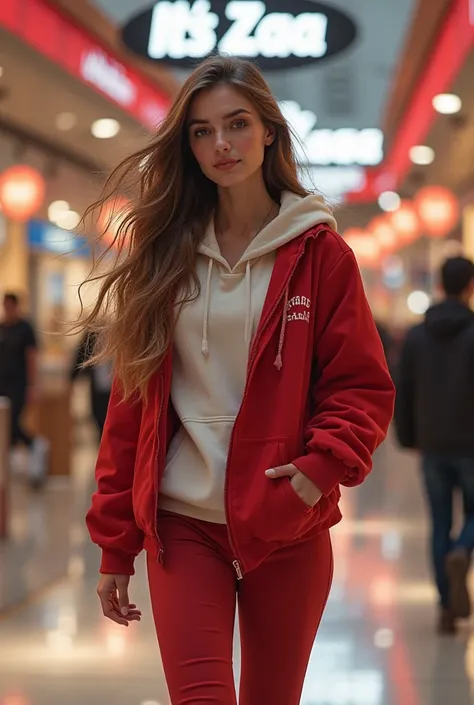 A long-haired woman wearing a red and white hoodie is walking in the mall inscribed the name It's Zaa