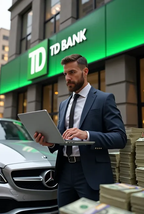 Man with laptop in his hand and banks From TD bank behind and a lot of money and Mercedes Benz