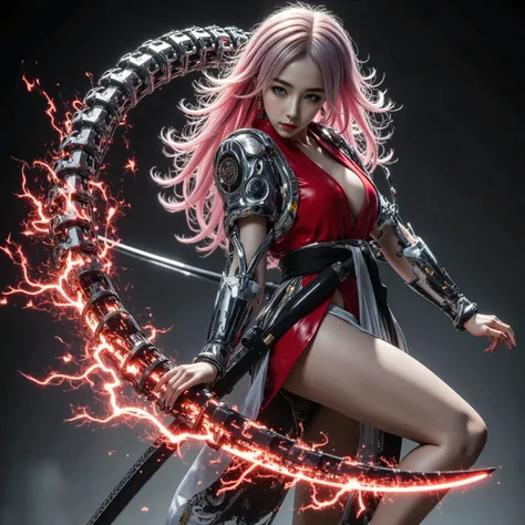 masterpiece、whole body、 A fusion of cyberpunk and Japanese tradition、 combination of red and black kimono and cyber armor、 Thunder Battlefield、 pink hair、Hand holding a Japanese sword that emits red thunder、The Goddess Who Dances in the Air 、The Goddess Wh...