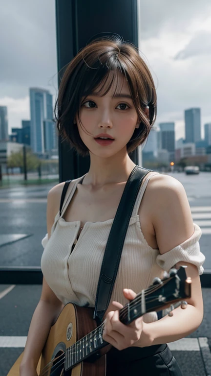 1 Gil, Higuchi Madoka,  short hair ,  hairstyles at their best,  medium bust ,  is present,  ultra detailed, 8k, woman playing guitar，City buildings，In the Storm，Wide angle,  the whole body is shown，movie, 