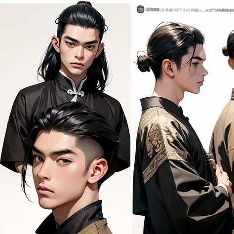 Man with ancient Chinese hairstyle、Seen from 3 different angles      、   A character model sheet depicting the same man from 3 different angles is open、