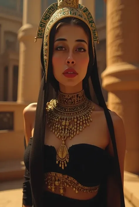 A beautiful, enigmatic Egyptian queen, her long dark hair cascading down her shoulders, (best quality,4k,8k,highres,masterpiece:1.2),ultra-detailed,(realistic,photorealistic,photo-realistic:1.37),intricate headdress adorned with hieroglyphics, piercing eye...