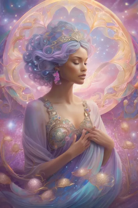 A dreamy, pastel-themed artwork symbolizing the sacred connection between a woman’s womb and the universe. The artwork features a soft glowing cosmic womb represented by delicate flowers, intricate seashells, and celestial elements. Gentle cosmic waves sur...