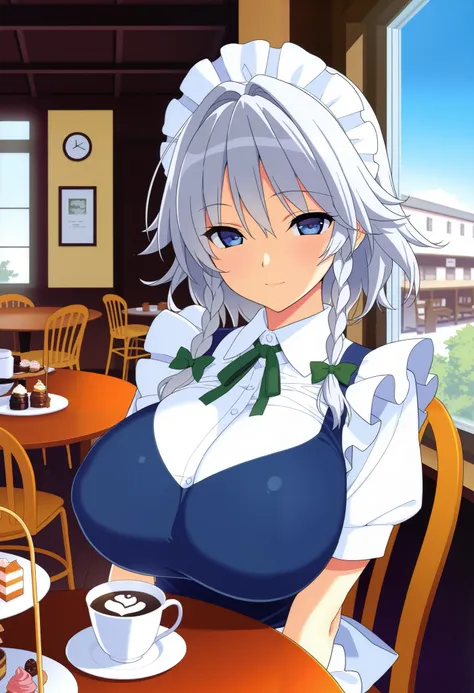 best quality, very aesthetic, absurdres, (loliconder:0.3), (ootomo takuji:0.3), (hima:0.3), 1girl, huge breasts, izayoi sakuya, indoors, cafe, blue sky, window, day, table, chair, sitting, coffee, sweets, looking at viewer, light smile