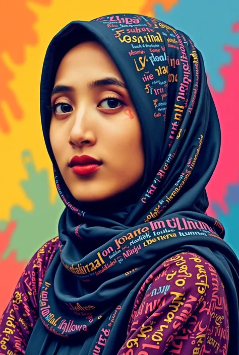 [Core Concept]
A visually striking typography poster that features a woman's face wearing hijab composed of colorful text.

[Character Description]
The woman's facial features are formed by the arrangement of the text Indonesian , creating a captivating an...