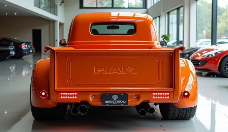 
"A realistic, high-quality image of a modern Pick Up seen from the Back bumper, resembling a  1949 Dodge Ram vintage Pickup. The Pickup is orange - with glossy paint and a sleek, aerodynamic design. It has four large, round exhaust pipes and a wide, conti...