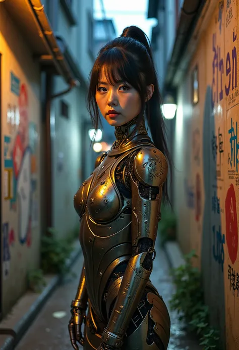 Capture the powerful and imposing presence of a Korean cyborg warrior in a hyper-realistic portrait. Depict her with an intense, unwavering gaze and an imposing, statuesque pose. Her mechanical body must be highly detailed, with a seamless integration of m...