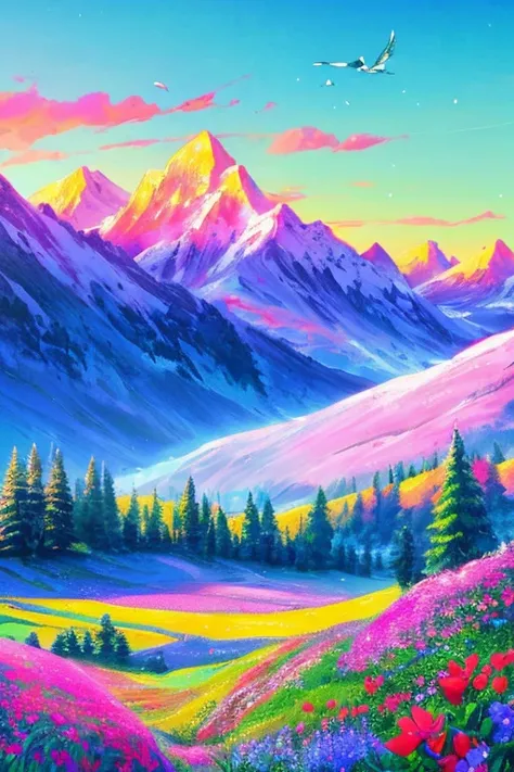 A vibrant, colorful landscape: Foreground: A long-tailed blue bird perched on a rock A meadow filled with pink, red, yellow and purple flowers Midground: Lush hillsides covered in flowers Background: Majestic snow-capped mountains towering above White clou...