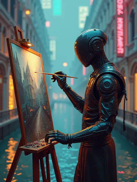 Painter with cyborg arm, painting perfect picture, location venetian city mix with cyberpunk