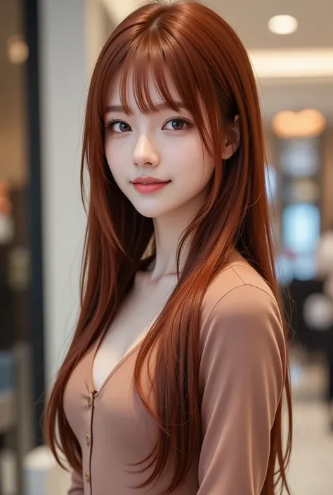 arafed woman  long red hair standing in a salon,  princess cut, long hair Full Bang, long hair With bangs, With bangs, Full Bang, neat hair With bangs,  Straight Hairstyles, red, dark red,  long red hair, Long Hair, Hair Color, long straight bang , Red-hai...