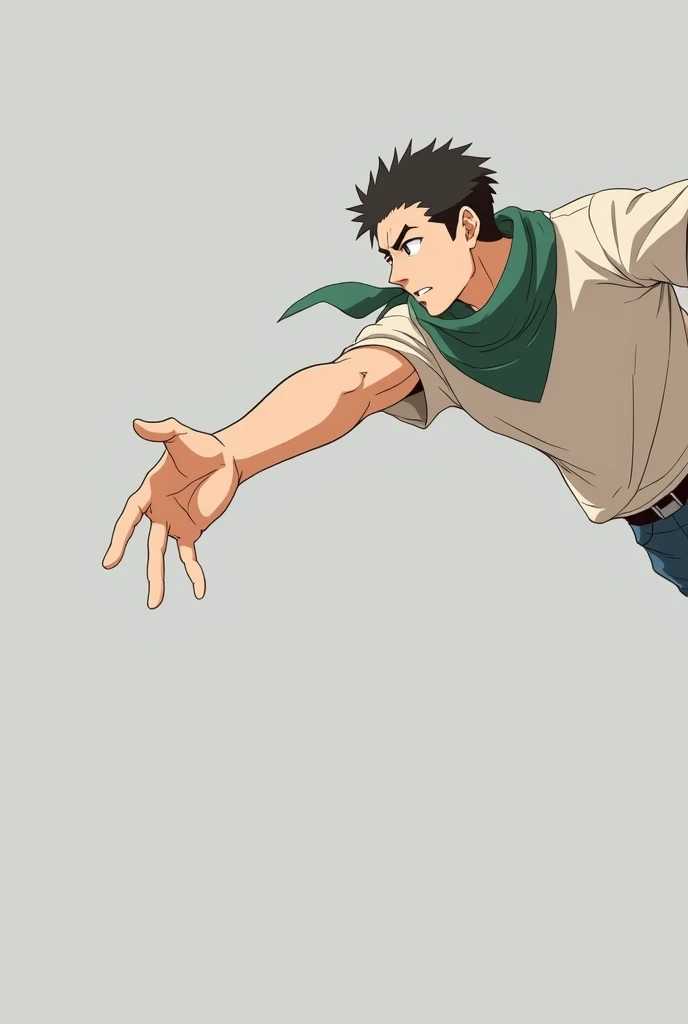 A man in a T-shirt and a green badana around his neck tries to reach out with one arm towards something. Anime art style, zoom in, side view, grey background, completely side view.