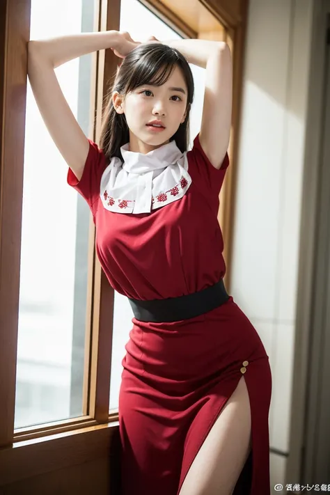 (masterpiece,  best quality:1.2), (reality:1.5), ( is present, photo  is present:1.5),   1 girl in the best, Alone, 18 years old,  small breasts、 long hair,  slender figure ,  Thin Waist, ( red dress with white collar  :1.5), ( Find viewers,  the blushest ...