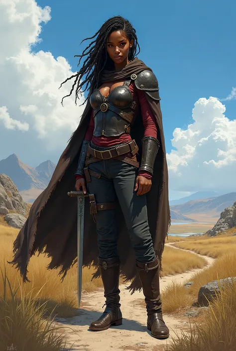 In RPG style, in style of Dungeons & Dragons, in style of fantasy painting. Full body view, looking at the viewer. Image of a female rogue, holding dagger. Dark skin. dreads hairstyle. Tight dark leather armor with dark red elements. Dark pants, dark leath...