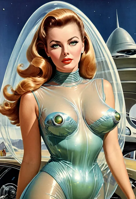 Photorealistic, Retro futuristic, ((retro futurism)), ((Science fiction)), 1950s, (((1960s))), 1970s, (alien women), sheer gossamer clothing, huge breasts