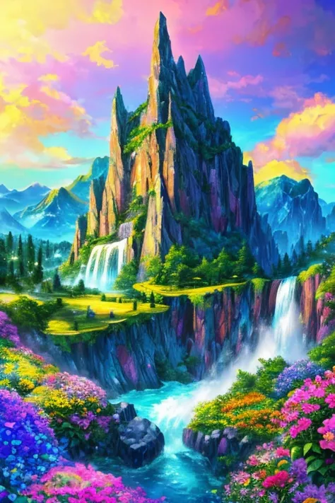 A vibrant and fantastical natural landscape: Background and Nature: Majestic mountains tower in the background, with sharp peaks and bright fluffy clouds. A magical rainbow in the sky adds a dreamy feel to the scene. Waterfall and Stream: A spectacular wat...