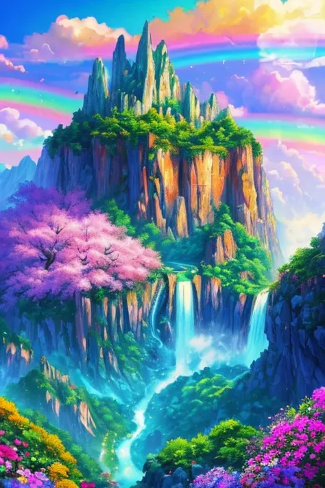 A vibrant and fantastical natural landscape: Background and Nature: Majestic mountains tower in the background, with sharp peaks and bright fluffy clouds. A magical rainbow in the sky adds a dreamy feel to the scene. Waterfall and Stream: A spectacular wat...