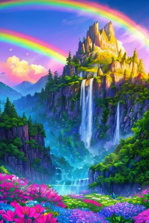 A vibrant and fantastical natural landscape: Background and Nature: Majestic mountains tower in the background, with sharp peaks and bright fluffy clouds. A magical rainbow in the sky adds a dreamy feel to the scene. Waterfall and Stream: A spectacular wat...