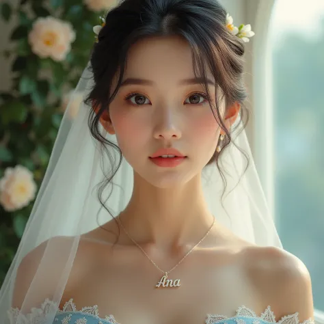 A beautiful bride wearing a blue wedding dress have a name ANA in her necklace.