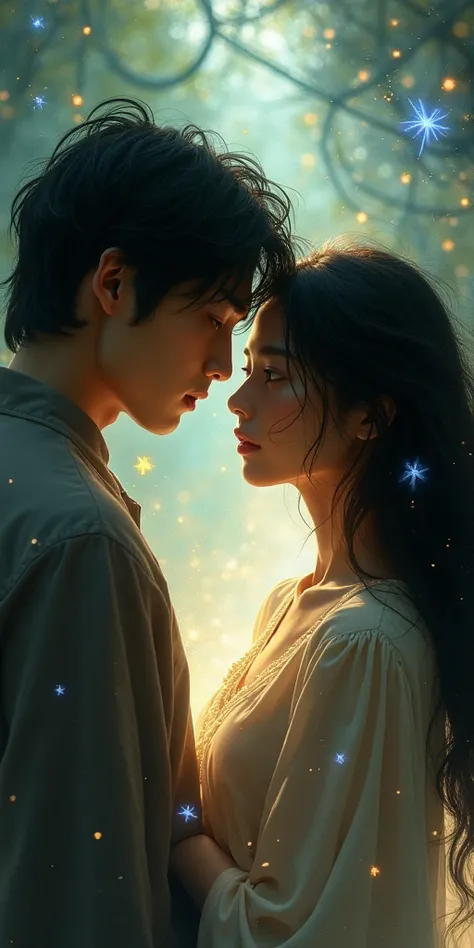 Korean man with medium long hair and Latin-Brazilian woman with long hair, with a mysterious and magical background image