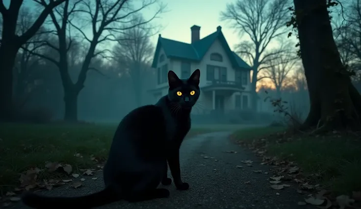 A mysterious scene set outside a dark, abandoned mansion at dusk. A sleek, black cat stands in the foreground, gazing toward the viewer with intense, glowing eyes. The mansion looms in the background, surrounded by overgrown trees and a foggy atmosphere. T...