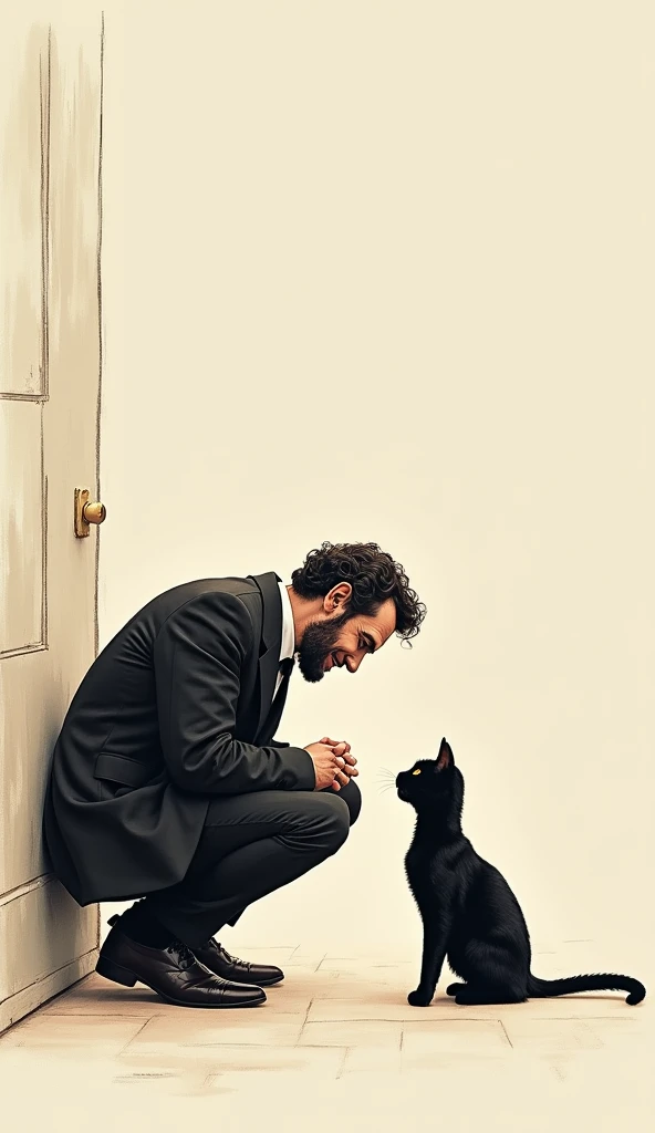 A sketch depicting Lincoln with a small black . He crouches down and talks to the  with a warm smile. There is a sense of equality and affection.