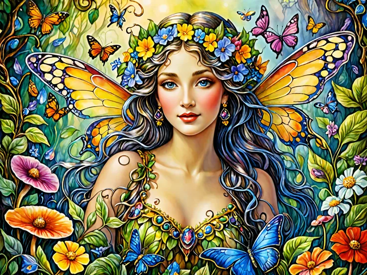 In the style of josephine wall's art, create an image imcluding a variety of wild flowers, forest leaves and vines, winged polinators like bees and butterflies, mushrooms, very detailed, beautiful. Similar to josephine walls greeting cards, lots of shadows...