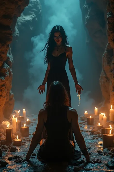 4k resolution hyper realistic image of a sexy witch with long black hair and glasses wearing a sexy black dress. She is using a magic ritual and potions to create demon out of a man, the man is on his knees facing her, they are in a dark and creepy cave, t...