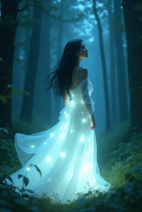 A woman with black hair and white dress that's glowing in the night of the forest while looking up at the sky far away