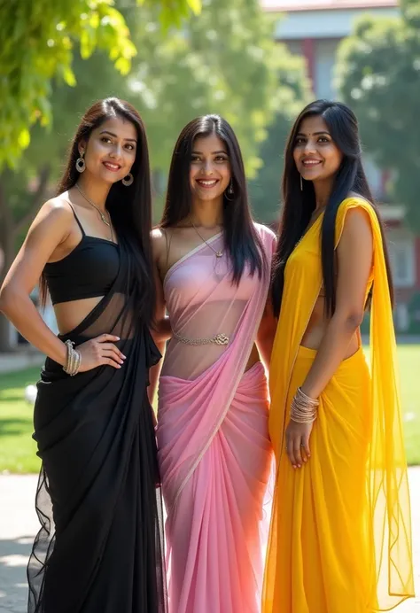 3 indian college girls,white skin, posing for farewell, infront of college department, bright sunny day, one in left wearing black see through saree, sleeveless blouse, 32dd breasts, fair skin, navel visible(wearing waist chain), one in centre is wearing p...