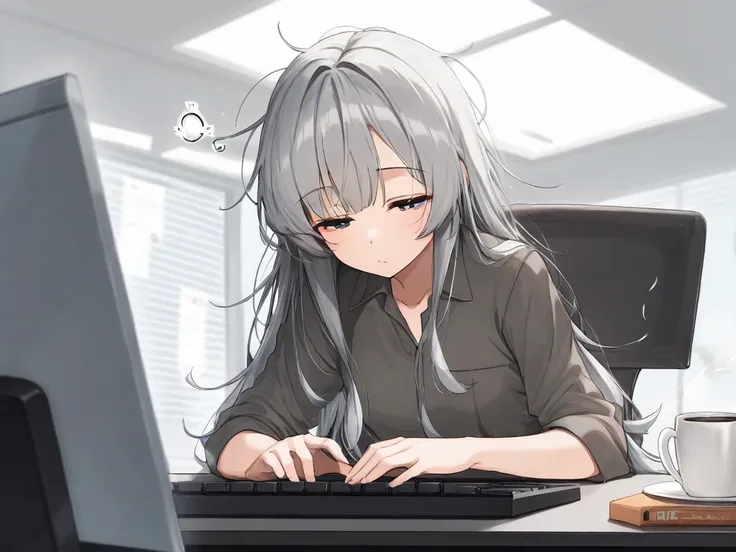  1 girl in the best,Alone,Gray Hair, long hair, systems engineer,whole body,typing,  office,Co-working space, coffee,sleepy, best quality,up to date, high resolution,  is ridiculous,