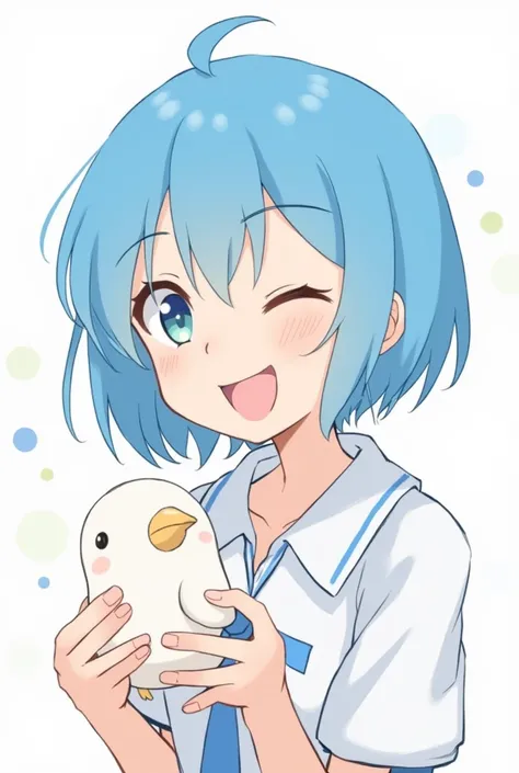 anime girl with blue hair and a white shirt holding a bird, an anime drawing inspired by Puru, trending on pixiv, process art, aqua from konosuba, rem rezero, 2 d anime style, she has a cute expressive face, expressing joy. by krenz cushart, profile pictur...