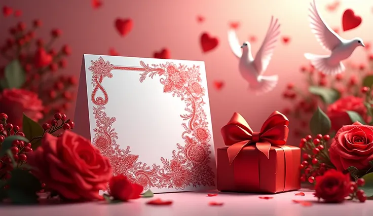 A detailed Valentine's Day display including a white card with red designs, a red heart gift, a bouquet of roses, and colorful doves flying gracefully."
