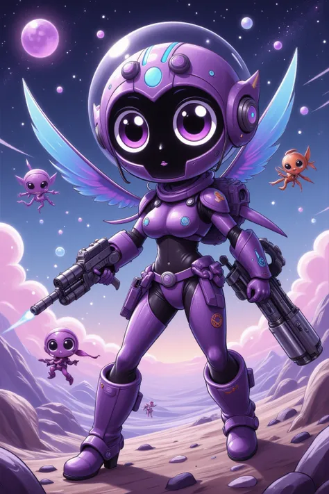 A gorgeous cyborg (cute, bubble helmet, violet sexy armor, violet eyes, rocket boots, rocket backpack and wings, big sci fi gun) striking a heroic pose as she flies through space stopping alien invaders