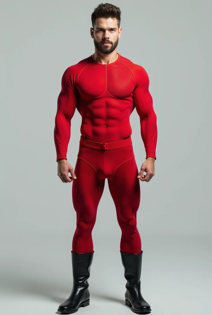 Create a realistic, young and strong man.,  hair and short beard, wearing a textured red costume fitted to the body, Wearing black latex boots, Front view of your body,  with a light gray background 

