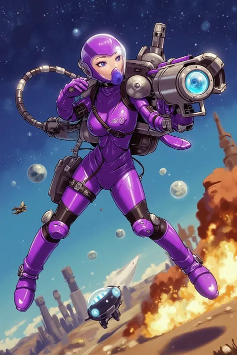 A gorgeous cyborg (cute, bubble helmet, violet sexy armor, violet eyes, rocket boots, rocket backpack and wings, big sci fi gun) striking a heroic pose as she flies through space stopping alien invaders
