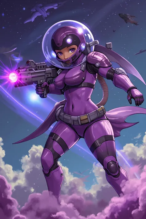 A gorgeous cyborg (cute, bubble helmet, violet sexy armor, violet eyes, rocket boots, rocket backpack and wings, big sci fi gun) striking a heroic pose as she flies through space stopping alien invaders
