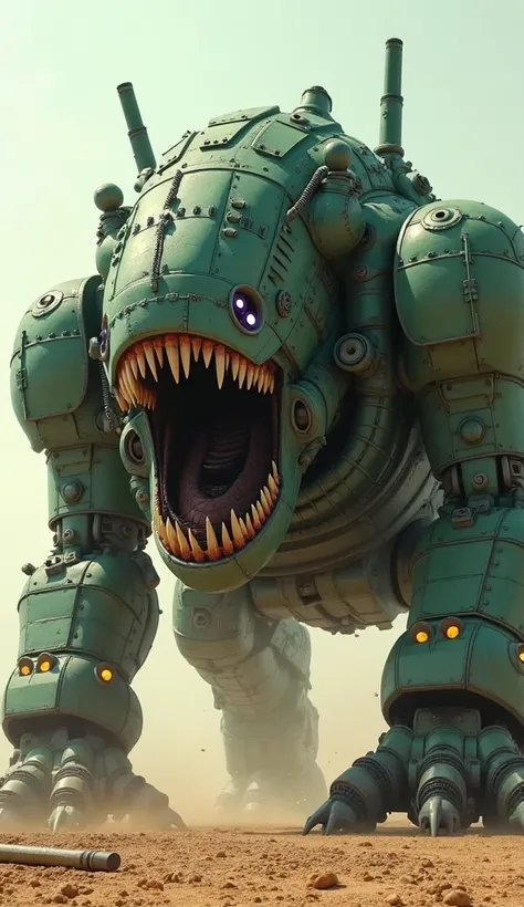 "A large robotic tank with a menacing, monstrous design, featuring a massive, sharp-toothed mouth and glowing eyes. The tank has a muscular, bulky structure with a green color, resembling a mechanical beast. Its surface is covered with detailed mechanical ...