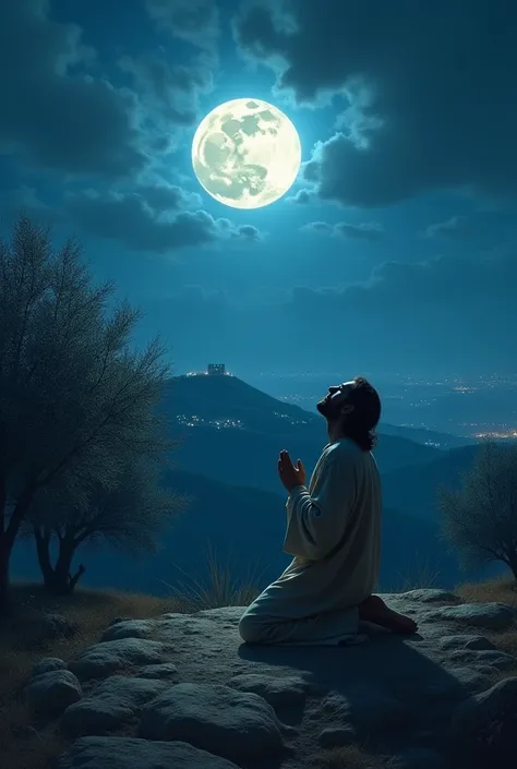 Jesus praying on the Mount of Olives at night in the light of the full Moon