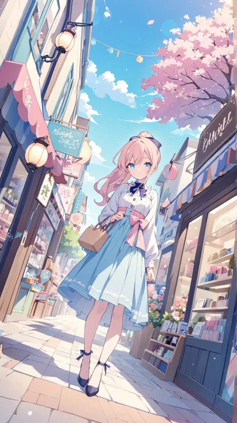 Clear skies、street tree、flower、 sign、 shopping、Fashionable clothing store、 1 girl in the best, blue eyes,  Lantern、 ponytail、 anime style、 Dutch angle, ribbon,  accessories, pastel style 