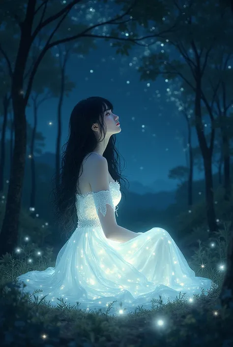 A woman with black hair, bangs, and white dress that's glowing in the night of the forest while looking up at the sky while sitting down in side view position with the view of the sky and moon 