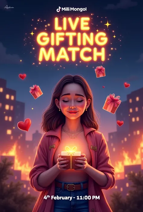 Here's a concise idea for your Milli Mongol 🐦‍🔥 TikTok Live Gifting Match poster:

Poster Idea:

1. Background:

Create a night cityscape with glowing lights and sparkles, adding an energetic and vibrant feel to the poster.

Include flames or glowing effec...