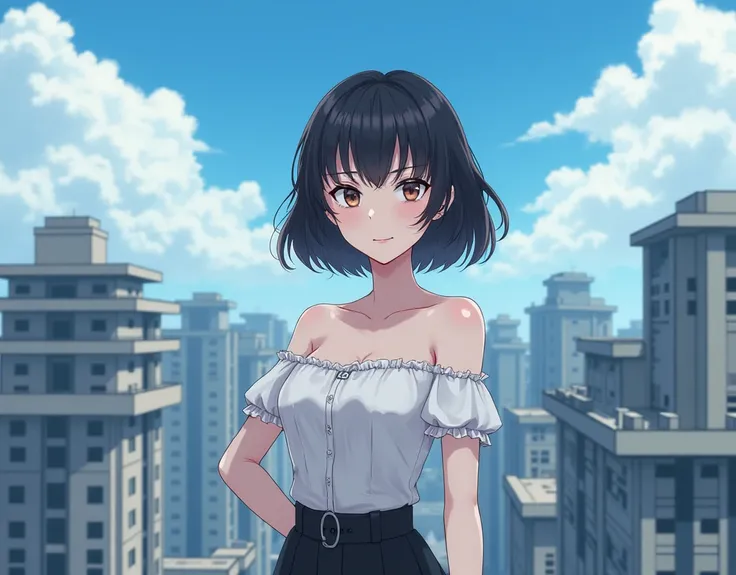 Saying scary things on the roof of a building　joke　 anime picture for TRPG　  1girl ,high school girl ,boyish ,20 years old actress,(noble beauty, classy and elegant:1.2),cute face,short hair,forehead ,black hair ((Forehead)),　((Alone))、 high school girl 、 ...