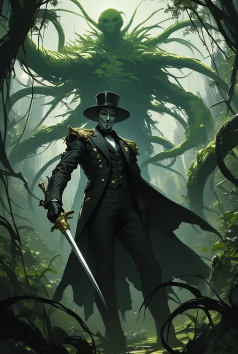 An evil gentleman wearing a Guy Fawkes mask. He wears a black tailcoat,hold a rapier. shoulder pad. In the background is a giant plant that moves of its own accord. In the jungle.